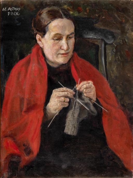 Painting of a woman covered in a red shawl sitting in a chair, knitting.